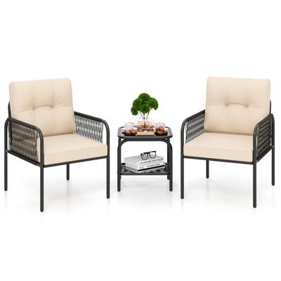 Rieten Tuinmeubelset 3-Delig. Balkonmeubels met 2 Stoelen & Tafel & Kussens Beige