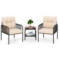 Rieten Tuinmeubelset 3-Delig. Balkonmeubels met 2 Stoelen & Tafel & Kussens Beige