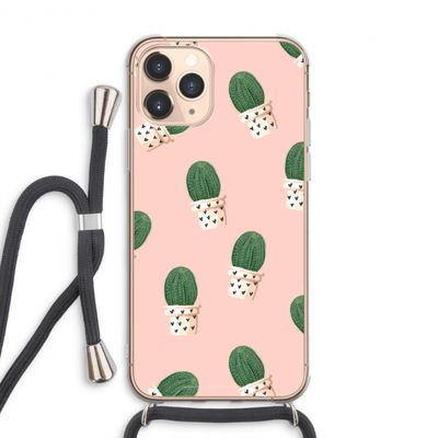 Cactusprint roze: iPhone 11 Pro Max Transparant Hoesje met koord