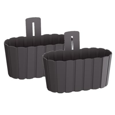 Muur plantenpot/bloempot houtlook - Set van 2x stuks - kunststof - 27 x 15 cm - antraciet
