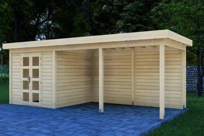 Prime Line blokhut 300x300 cm + overkapping 500 cm + achterwand- Plat dak- Onbehandeld vurenhout- Van Kooten - Van Kooten