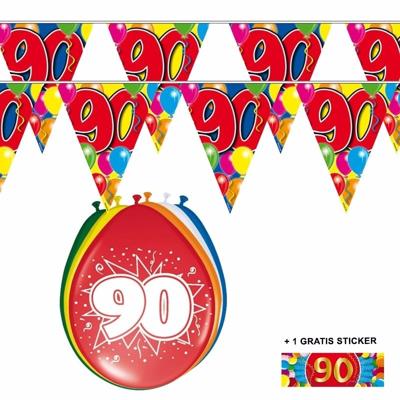 Shoppartners 90 jaar versiering set - kamer - 2x vlaggenlijnen - 8x ballonnen - gratis sticker