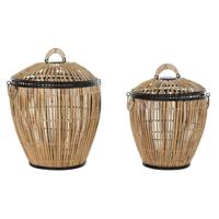 Mandenset DKD Home Decor Zwart Natuurlijk Metaal Rotan 48 x 48 x 55 cm (2 Stuks)