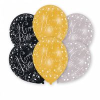 6 Happy Birthday ballonnen zwart, goud, zilver - thumbnail
