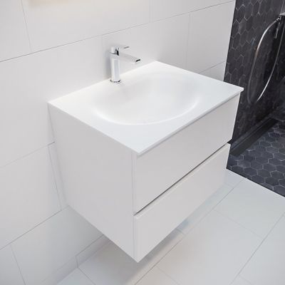Mondiaz Vica Moon badmeubel Talc 60 cm 2 lades solid surface enkele spoelbak midden 1 kraangat
