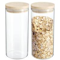 2x stuks voorraadbussen/voorraadpotten 1,3L glas met houten deksel - thumbnail