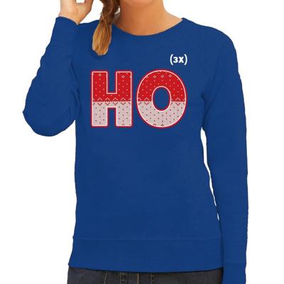 Bellatio Decorations Foute Kersttrui - sweater - HO HO HO - blauw - voor dames - kerstkleding