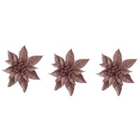 3x Kerstboomversiering op clip donker beige glitter bloem 15 cm - thumbnail