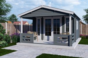 Interflex 3838L Blokhut 380x380 met overkapping 200 cm 40 mm vuren gecoat- Zadeldak- Hout- Interflex