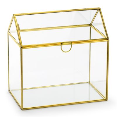Enveloppendoos goud huisje - bruiloft - goud - glas/metaal - 13 x 21 cm