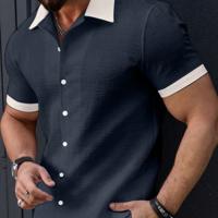 Bon&Bon Homme Men's Contrast Color Patchwork Short Sleeve Shirt Navy Blue / XXL