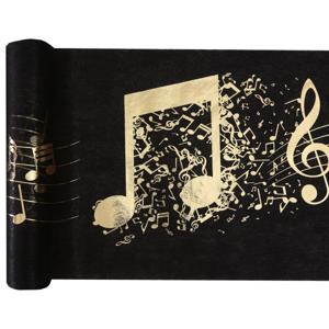 Muziek thema tafelloper op rol - 5 m x 30 cm - zwart/goud - non woven polyester