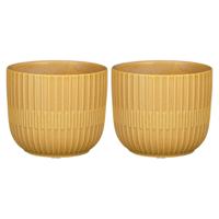 2x Stuks Plantenpot/bloempot keramiek mat okergeel stripes patroon - D10/H9 cm