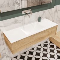 Mondiaz Lush Cloud badmeubel eiken licht 120 cm 1 lade solid surface enkele spoelbak midden zonder kraangat