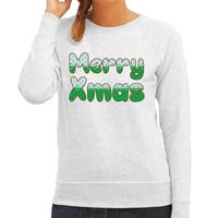 Merry xmas foute Kerstsweater / Kersttrui grijs voor dames - thumbnail