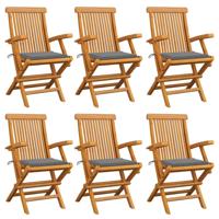 Tuinstoelen 6 st met grijze kussens massief teakhout