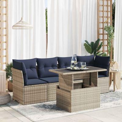 5-delige Loungeset met kussens poly rattan acacia grijs 5-delige Loungeset met kussens poly rattan acacia grijs