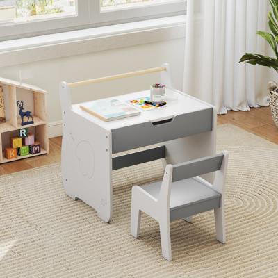 3-in-1 Houten Kinderzitgroep met Omkeerbare en Afneembare Tafelblad Kindertafel met Stoel Grijs + Wit