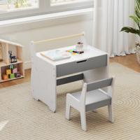 3-in-1 Houten Kinderzitgroep met Omkeerbare en Afneembare Tafelblad Kindertafel met Stoel Grijs + Wit