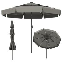 300 cm Solar Patio Parasol met 32 LED's 3-Laags Geventileerd Dak Kantelverstelling Zwengel 8 Baleinen Tafelparasol voor Tuin Strand