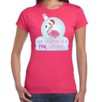 Roze Kerstshirt / Kerstkleding I am dreaming of a pink Christmas voor dames met flamingo kerstbal 2XL  - - thumbnail