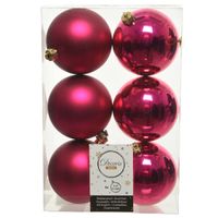 6x Kunststof kerstballen glanzend/mat bessen roze 8 cm kerstboom versiering/decoratie   -
