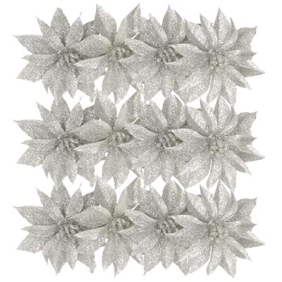 Kerstboomversiering Bloemen - 12x stuks - 9 cm - zilver glitter - op clip