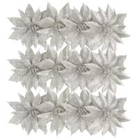 Kerstboomversiering Bloemen - 12x stuks - 9 cm - zilver glitter - op clip