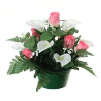 Louis Maes Kunstbloemen plantje in pot - wit/roze - 26 cm - Bloemstuk ornament - rozen met bladgroen   - - thumbnail
