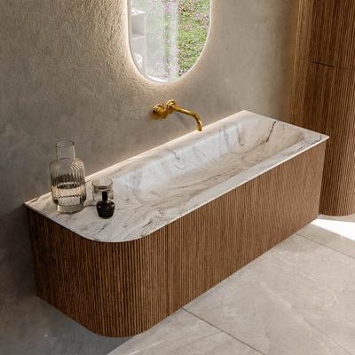 Mondiaz KURVE-DLUX 125 cm Onderkast Greeploos 1 Lade Met Deuren Walnut, Wastafel Solid Surface Rechts Glace 0 Kraangaten Zonder Spiegel (KRVBGM125L1L1D0KR-Wal/Gla)