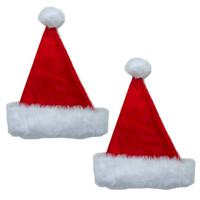 Kerstmutsen - 2x - rood - met nepbont - pluche - polyester - volwassenen - thumbnail