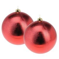 Grote decoratie kerstballen - 2x - rood - 18 cm - kunststof - relief - kerstversiering - thumbnail