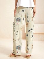 Floral Casual Linen Loose Pants With No - thumbnail