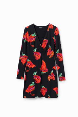 Geribde mini-jurk bloemen - BLACK - M