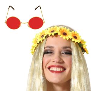 Flower Power verkleed accessoires dames - Bloemen hoofdband - Hippie bril ronde glazen in het rood