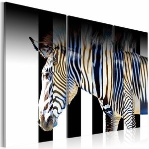 Schilderij - Strepen, Zebra, wanddecoratie,Zwart wit beige , print op canvas , 3 maten, 3luik