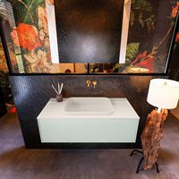 Badkamermeubelset Mondiaz Erin 100 cm met 1 Lade met RIDGE Wastafel Midden Linen Zonder Kraangaten Greeploos Mat Greey