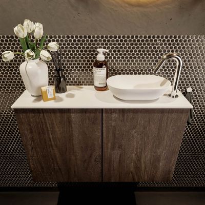 Mondiaz Fowy toiletmeubel 80cm dark brown met blad en waskom talc rechts 1 kraangat