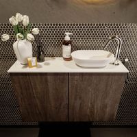 Mondiaz Fowy toiletmeubel 80cm dark brown met blad en waskom talc rechts 1 kraangat
