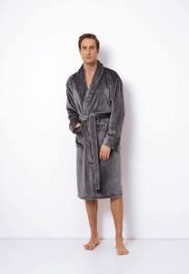 Grijze herenbadjas voorzien van kleine kroon borduring - fleece-l