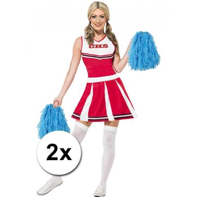 Cheerball - 2x - met ringgreep - blauw - 28 cm - pompom - Cheerleader verkleed accessoires