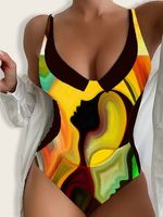 Vacation Abstract Printing V Neck One-Piece Swimsuit - thumbnail