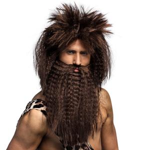 Verkleedpruik met baard voor heren - bruin - Holbewoner - Carnaval - lang wild haar