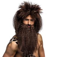 Verkleedpruik met baard voor heren - bruin - Holbewoner - Carnaval - lang wild haar - thumbnail