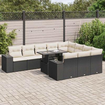 11-delige Loungeset met kussens poly rattan zwart