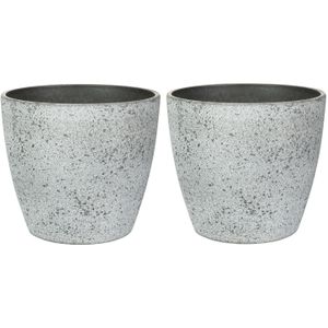 Bloempot/plantenpot - 2x - buiten - betongrijs - D19 en H15 cm - kunststof/steenmix