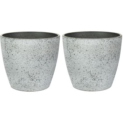 Bloempot/plantenpot - 2x - buiten - betongrijs - D19 en H15 cm - kunststof/steenmix