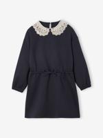 Meisjesjurk van sweaterstof met macramé kraag leigrijs