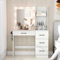 Make-Uptafel met Spiegel en Verlichting Kaptafel met Oplaadstation 3-Kleurige LED-Verlichting Föhnhouder Lades Wit