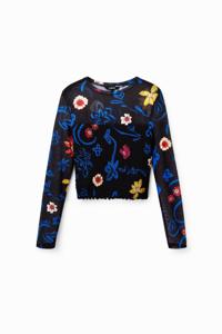 Kort slim fit T-shirt met bloemen - BLACK - XL